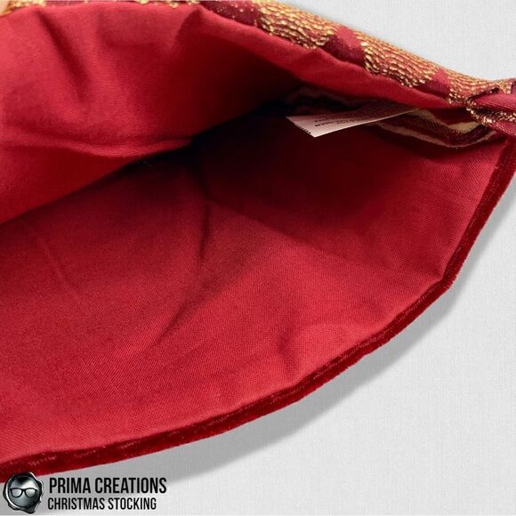 VINTAGE CHRISTMAS STOCKING FELT APPLIQUÉD SANTA & GIFTS ON VELVET IN RED & GOLD - Picture 9 of 13